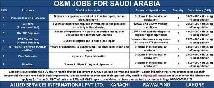 Overseas jobs in Saudi Arabia