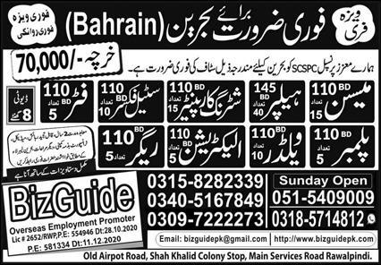 Bahrain free visa jobs for Pakistani