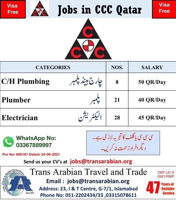 Jobs in CC Company Qatar For foreigner 2021