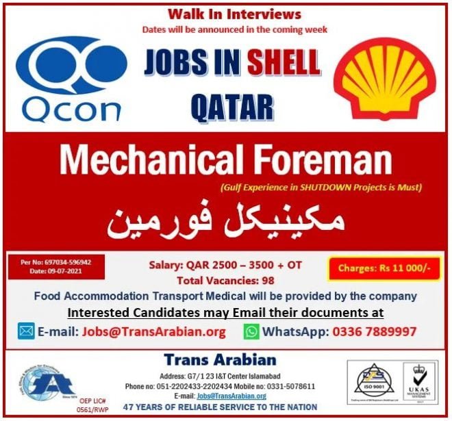 Foreman Jobs vacancies in Qatar Shell company 2021 Ilmcareer