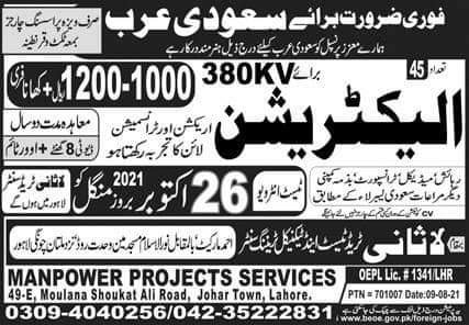 Electrician jobs in Saudi Arabia 2021