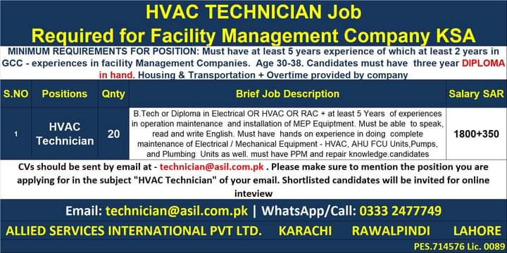 HVAC technician jobs in jeddah 2021