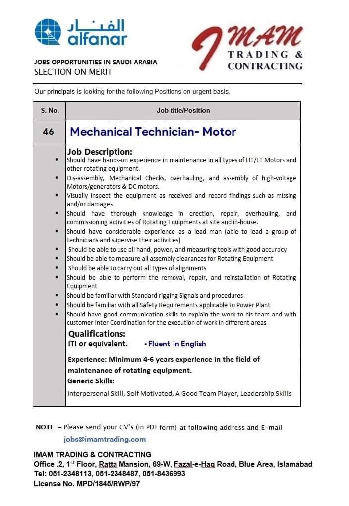 Mechanical technician jobs in saudi arabia 2022