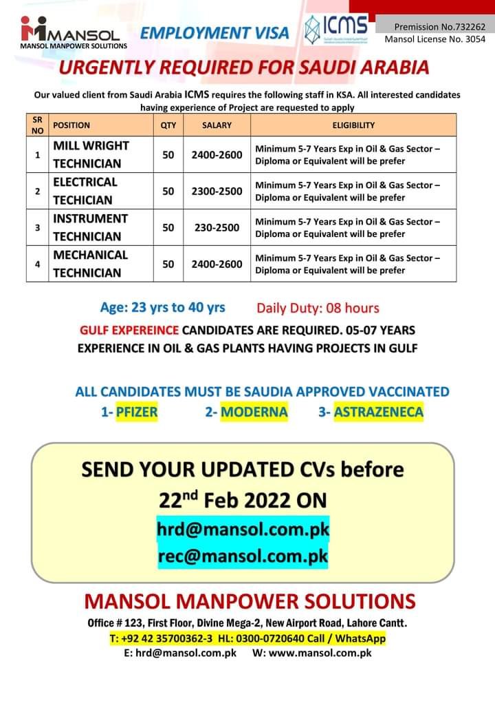 Mechanical technician jobs in saudi arabia 2022