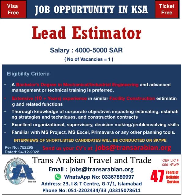 Lead Estimator jobs in saudi arabia 2022