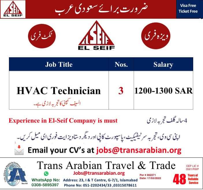 AC Technician visa Saudi Arabia 2022