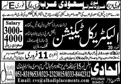Electrical technician jobs in saudi arabia 2023