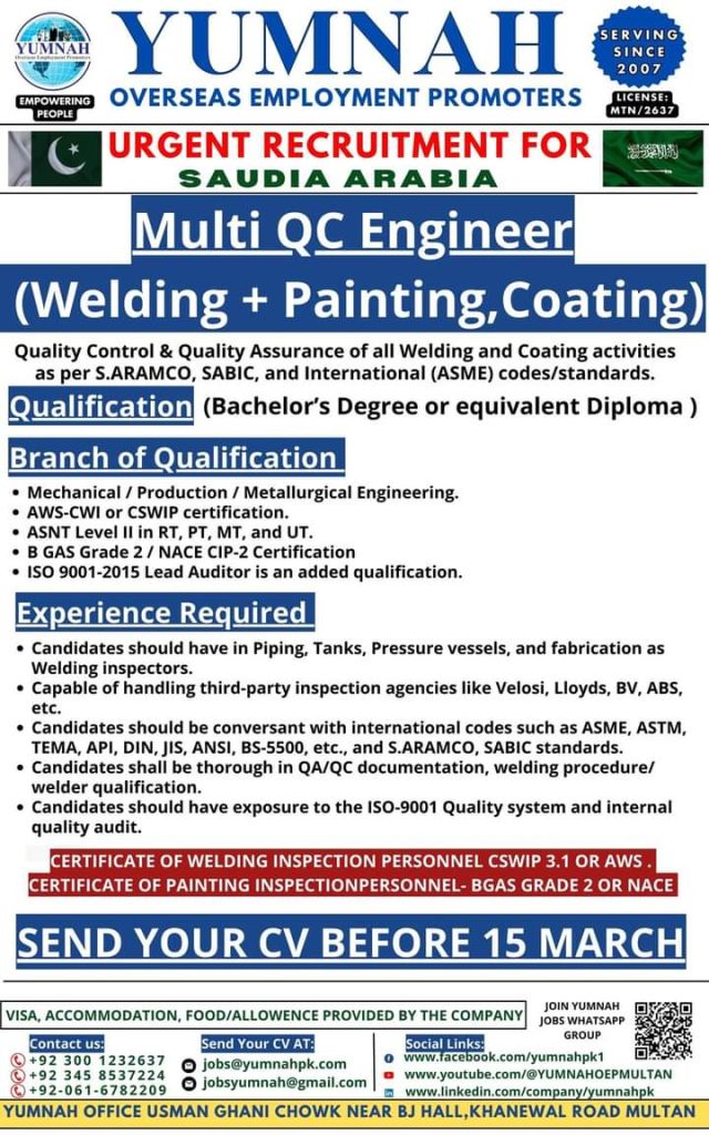 Quality control engineer jobs in saudi arabia 2024