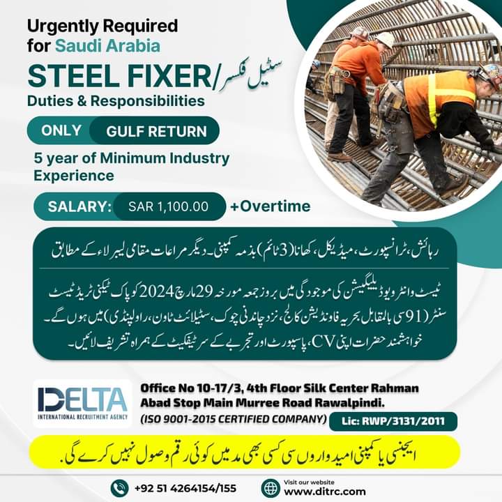 Saudi Arabia steel fixer jobs 2024