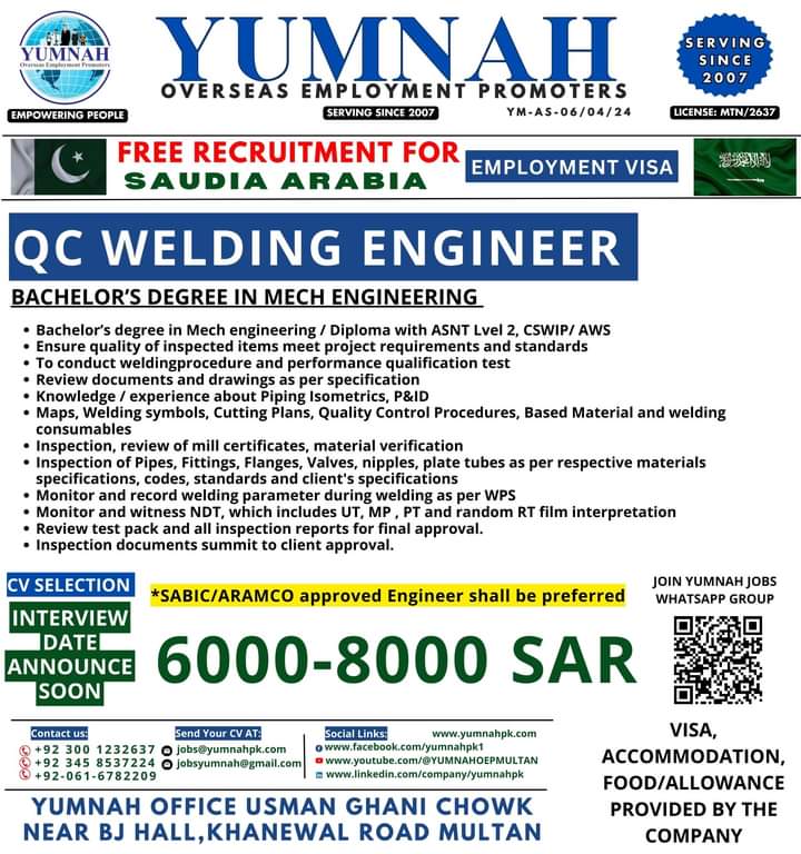 Qc welding engineer jobs in saudi arabia 2024