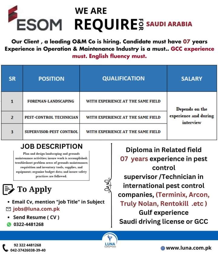 Esom company job vacancy in saudi arabia 2024 - Recruitment