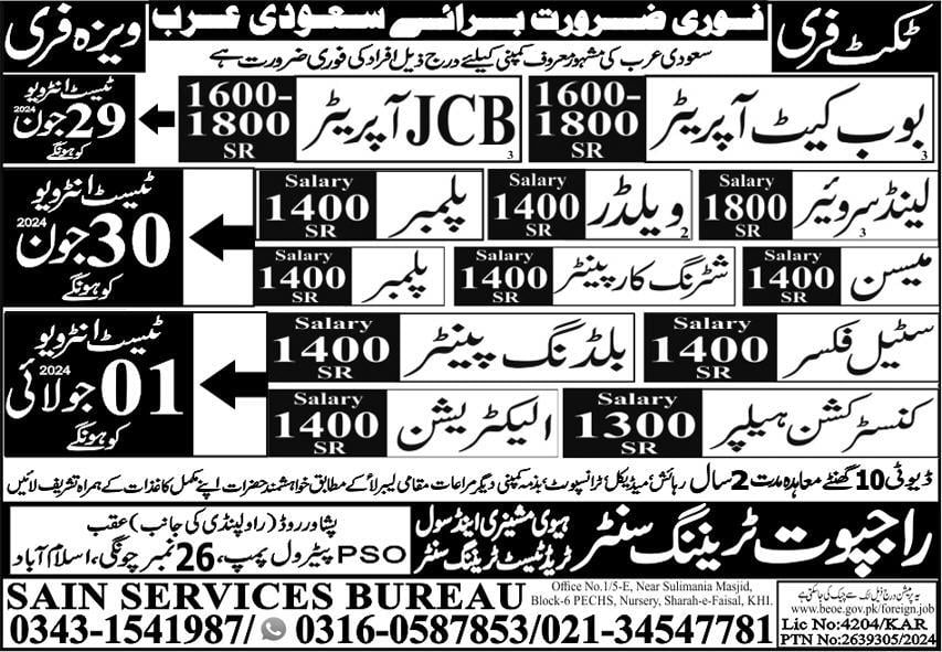 Jobs in Saudi Arabia free visa and ticket 2024