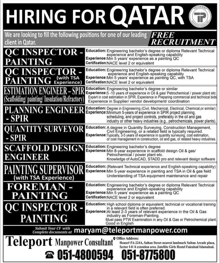 Free Visa & ticket job vacancies in qatar 2024
