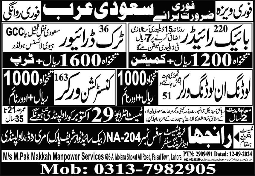 Loading unloading jobs in saudi arabia for freshers 2024