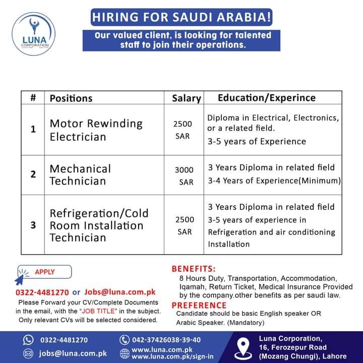 Electrical jobs in saudi arabia 2024