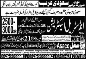 Industrial Electrician job vacancies in Saudi Arabia 2025