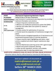 Maintenance Jobs vacancies in saudi arabia 2025